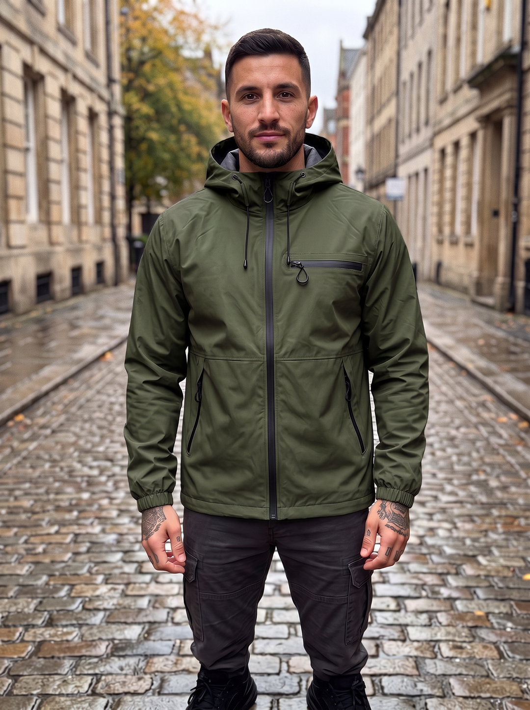 Jonas - Regenjacke mit Kapuze in Olivgrün, Vorderansicht