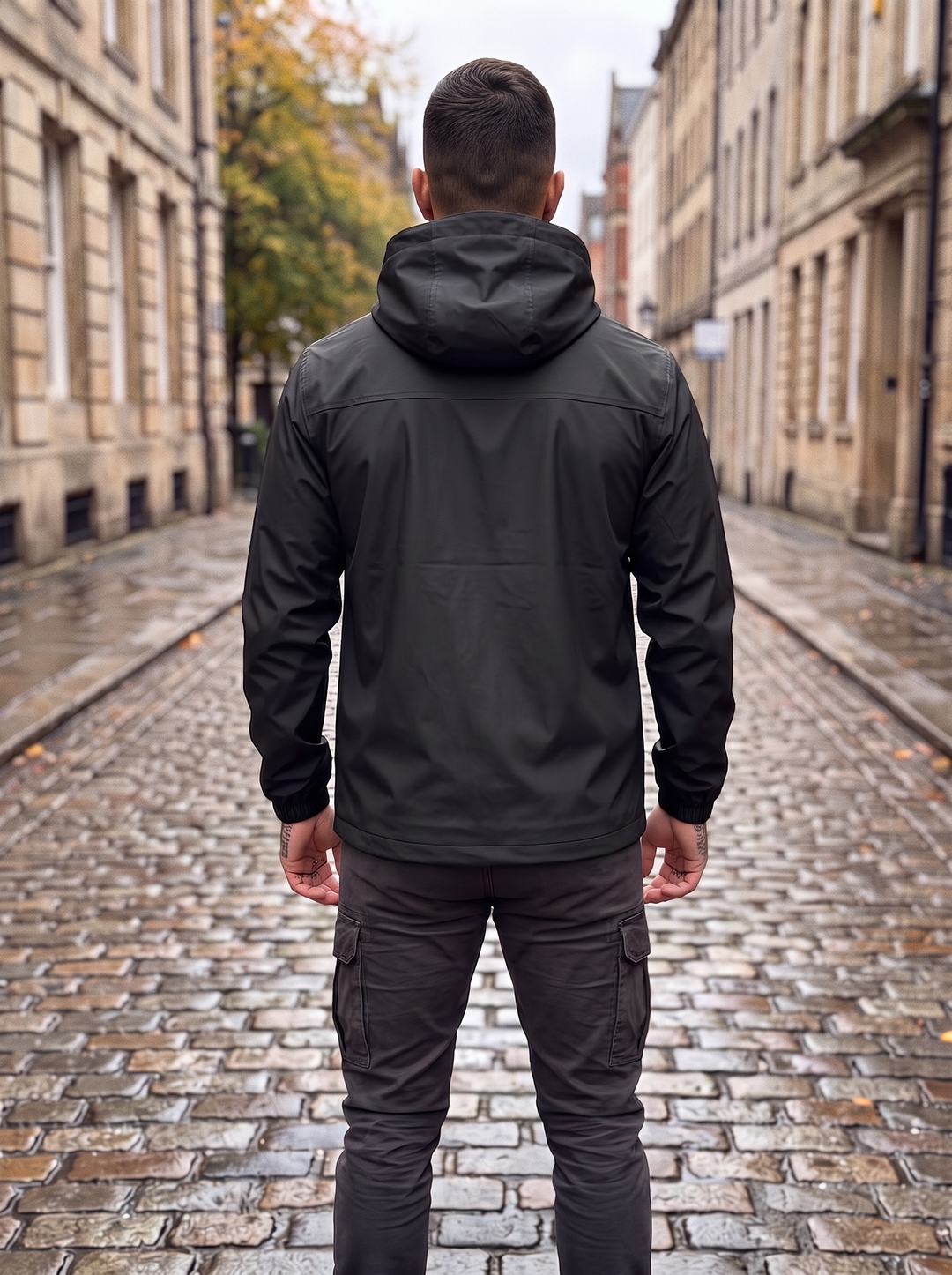 Jonas - Regenjacke mit Kapuze in Schwarz, Rückansicht