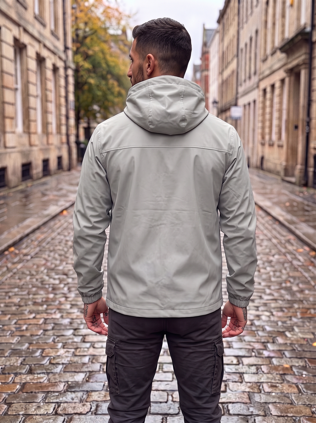 Jonas - Regenjacke mit Kapuze in Grau, Rückansicht