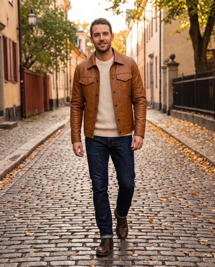 Lukas - Jacke in Lederoptik in Braun, getragen in der Altstadt
