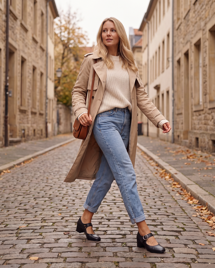 Vera - Mary Janes mit Blockabsatz in Schwarz, Outfit mit Jeans und Trenchcoat