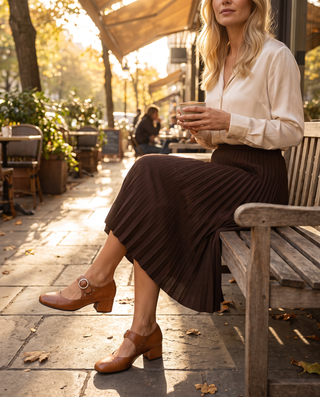 Vera - Mary Janes mit Blockabsatz in Cognac, Outfit mit Midirock